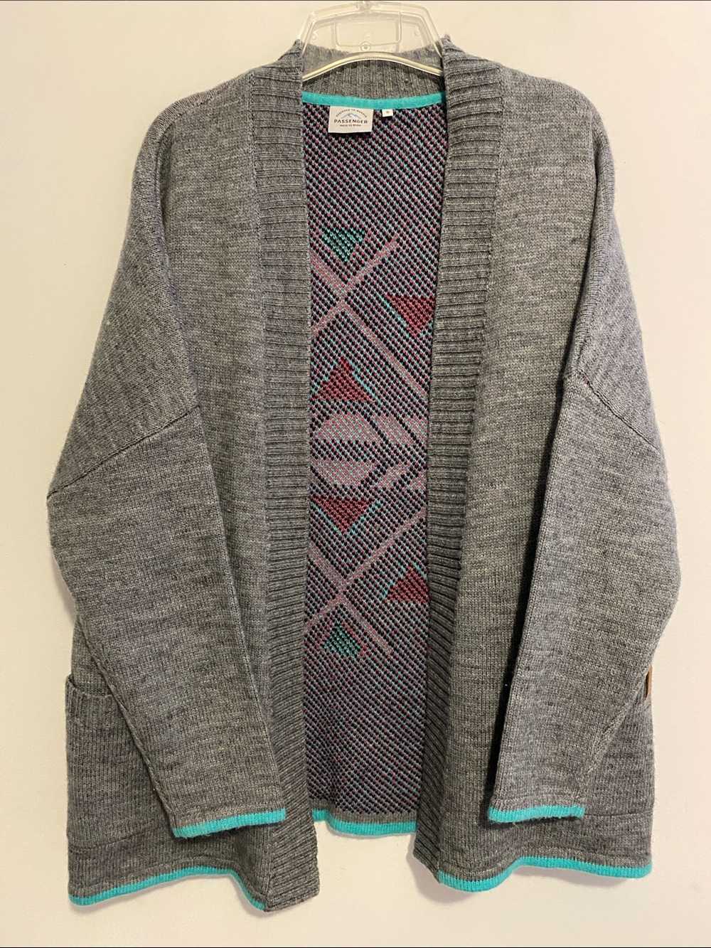 Women's Gray Open-Front Cardigan with Turquoise Trim, heavy, could fit large.